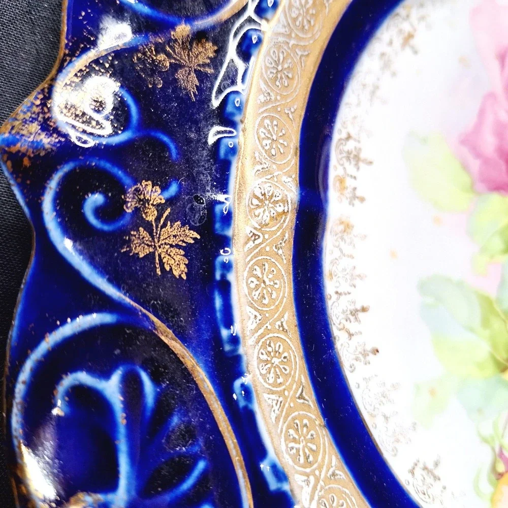 Antique Cobalt Blue Porcelain Cabinet Plate Gold Gilt Floral Roses Embossed 9.5
